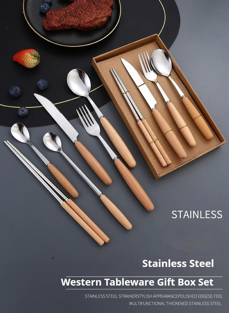 Kitchen Supplie Stainless Steel Marbled Wood Handle Knife, Fork and Spoon 5 Piece Deluxe Premium Steak and Dessert Cutlery Set