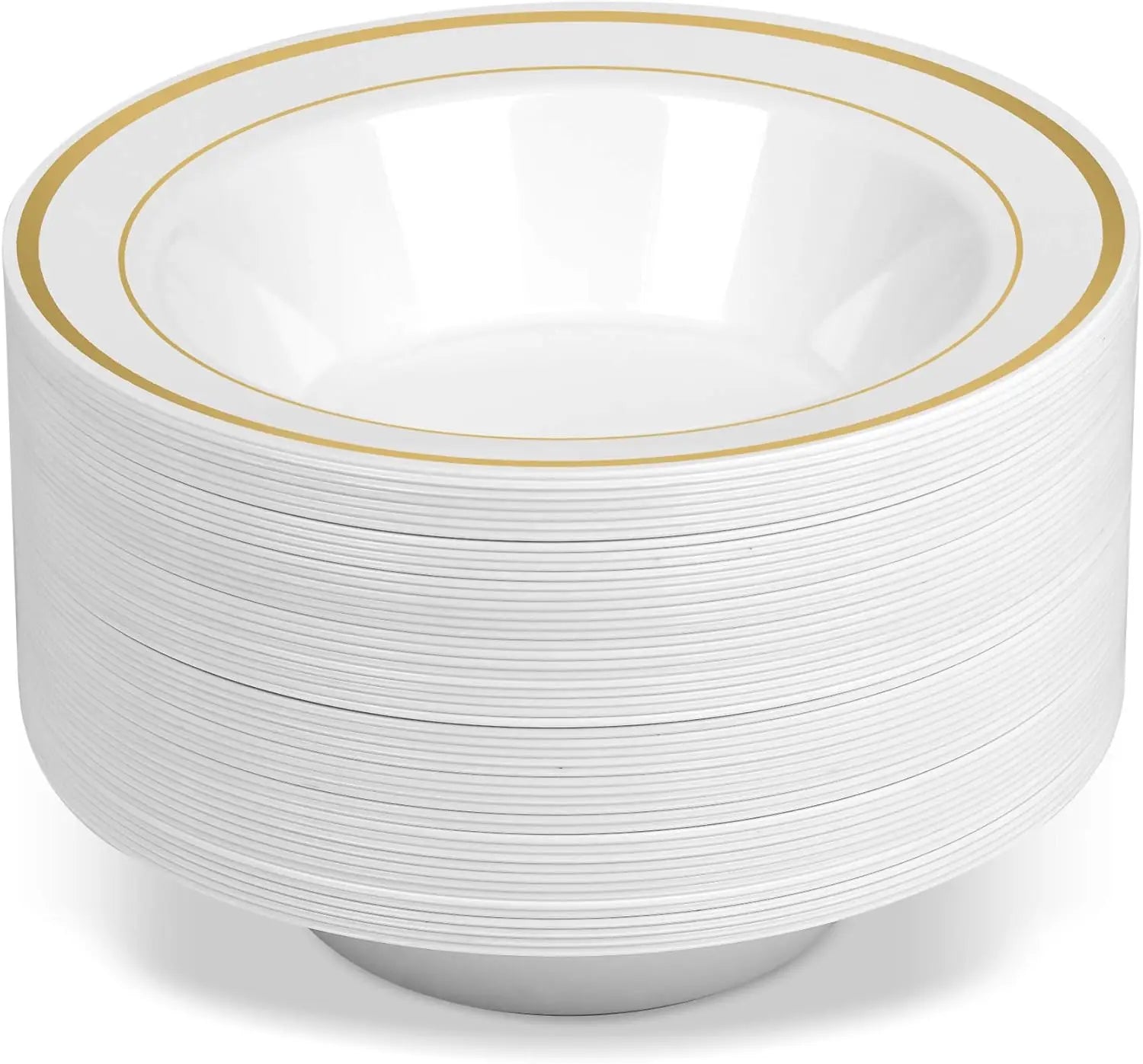 100 Disposable White Gold Trim Plastic Soup Bowls 14 Oz. Premium Heavy Duty Disposable Dinnerware with Real China Design