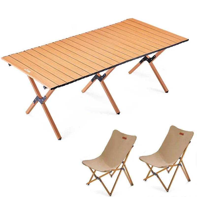 Outdoor camping beach folding tables and chairs wood grain carbon steel wild dining table portable folding butterfly chair