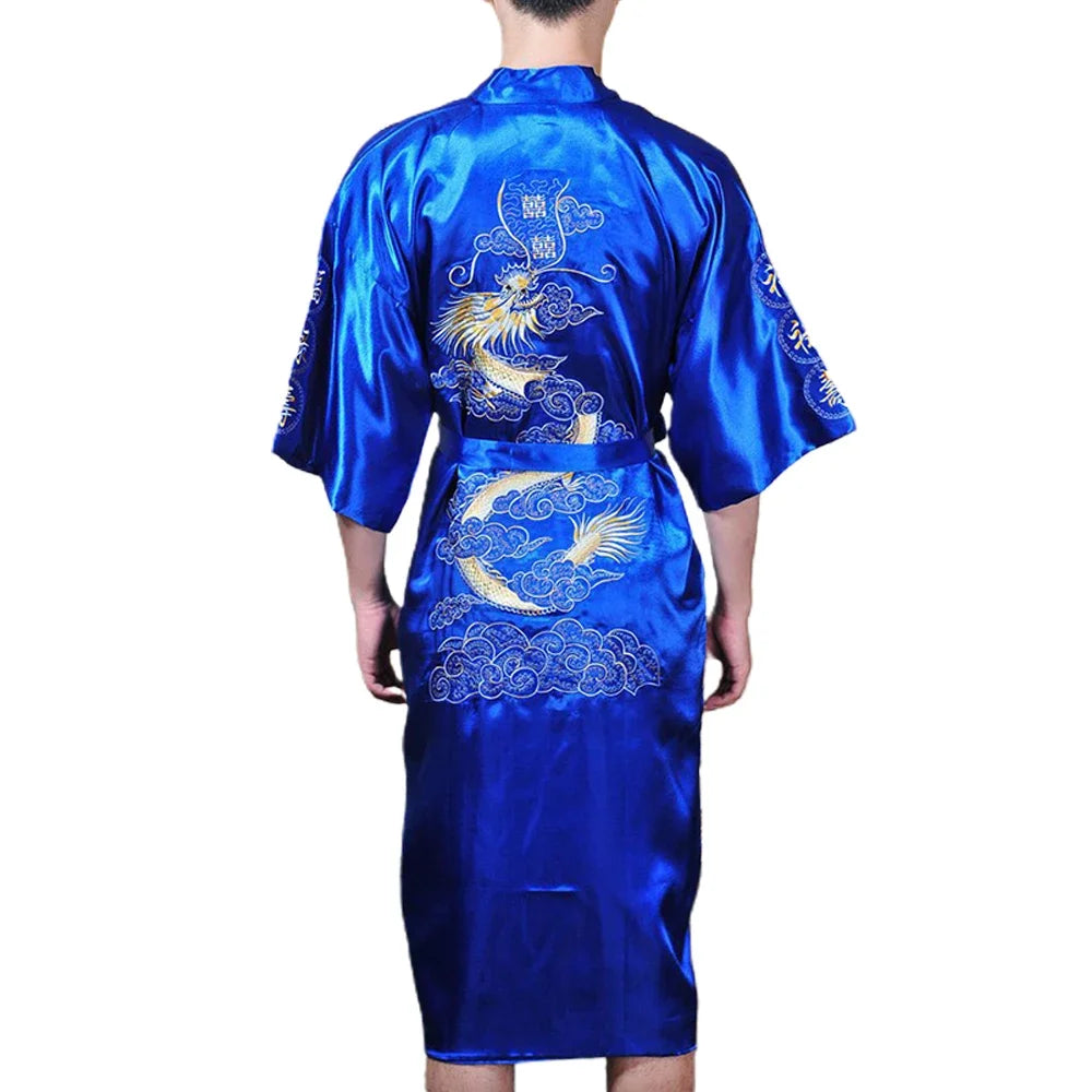 Silk Kimono Bathrobe, Chinese Dragon Design, Men's Sleepwear Gown, Satin Fabric, Navy Blue/Red/White/Black/Blue