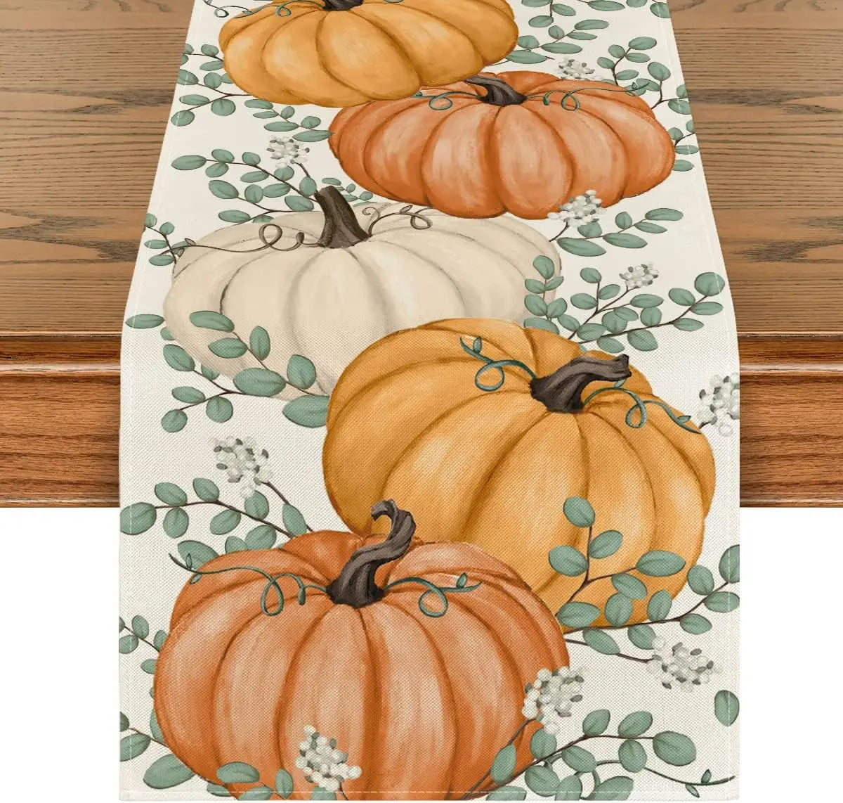 Polka Dot Pumpkins Vine Fall Table Runner Seasonal Autumn Thanksgiving Kitchen Dining Tablecloth Decoration for Home Party Decor