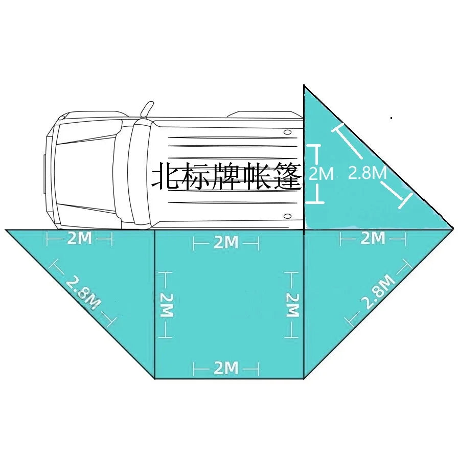 Outdoor self-driving five-angle 270-degree awning with cloth on the top side and double-axis fan-shaped tent with curtain a