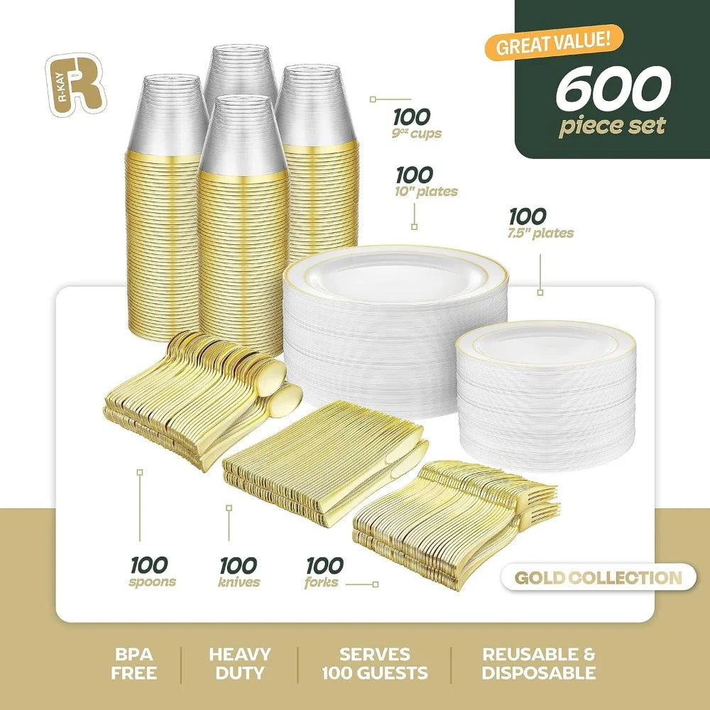 600pcs Plastic Dinnerware Set 100 Guest, Gold Plastic plates for party, Gold Party Plates Sets For 100 Guests, Premium Wedding