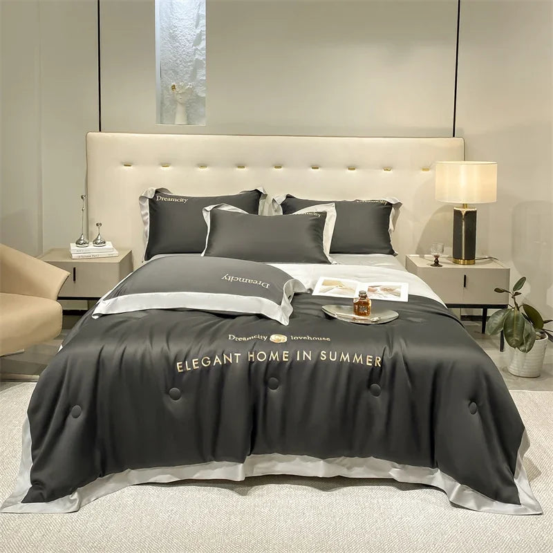 High-end Ice Silk Summer Blanket 4/3/1 Pcs Luxury Embroidered Cool Feel Summer Comforter Set Silky Fine Air Conditioning Quilt