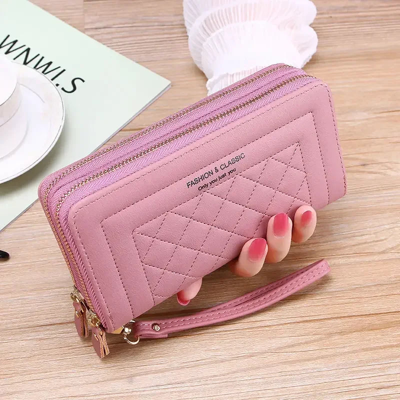 High Quality PU Leather Pink Double Zipper Wallet