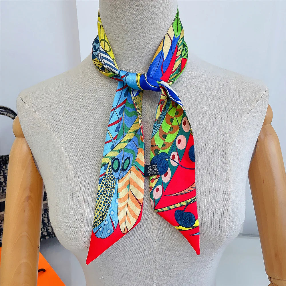 Fashion Skinny Small Silk Scarf Women Luxury Feather Print Headband Women's Bags Accessories Long Striped Neck Scarf Shawl