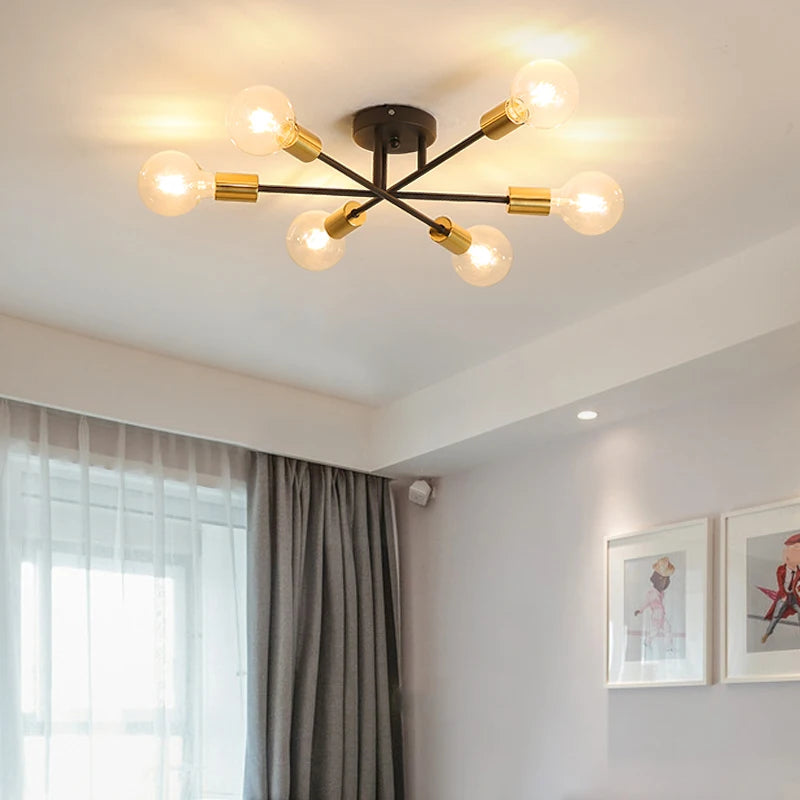 Modern Nordic LED Chandelier Semi Flush Mount Ceiling Lamp Brushed Antique Gold Home Decor Lighting Fixture