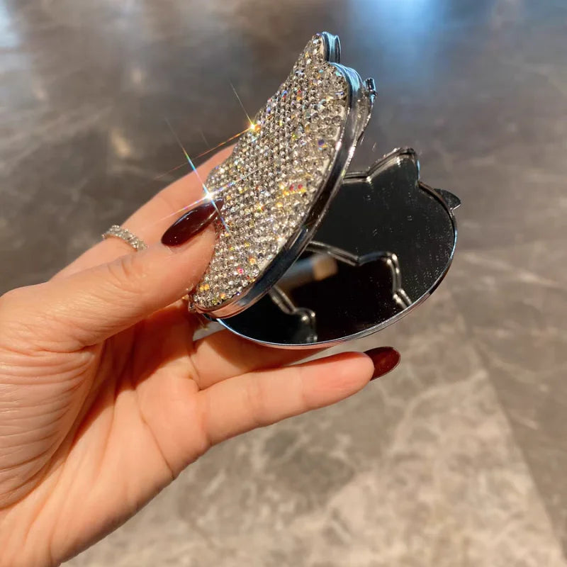 Luxury cosmetic mirror artificially diamond-encrusted cat folding HD double-sided mini portable