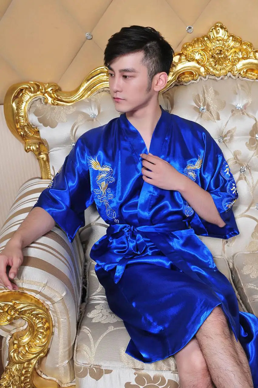 Chinese Style Robe Classical Embroider Dragon Kimono Man Homewear Long Bathrobe Satin Nightgown Loose Sleepwear Loungewear