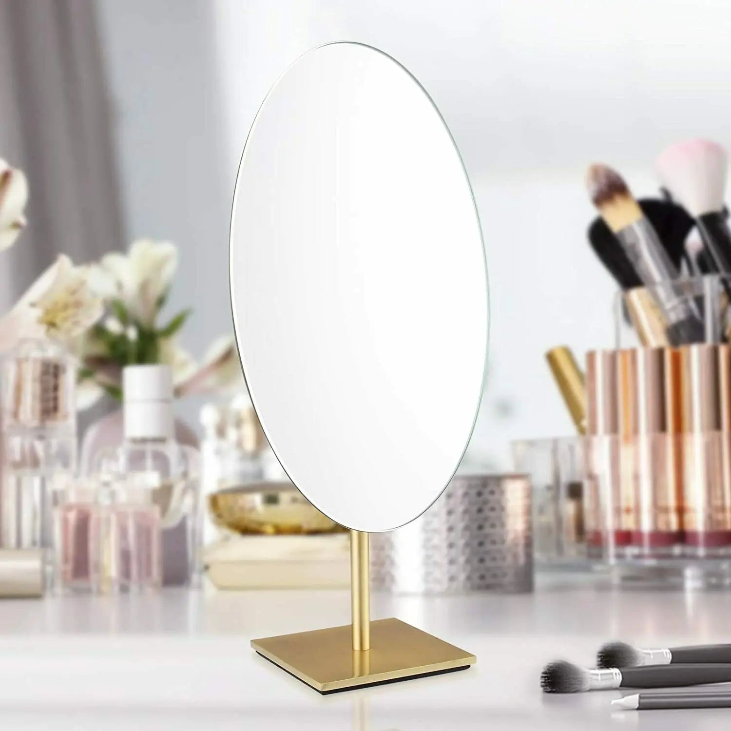 GURUN Large Oval Tabletop Vanity Mirror 7x12 Antique Brass Luxuries Makeup Mirror with Stand for Jeweller,Bronze Decent Gifts