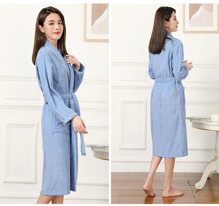 100% Cotton Couples Long Thick Absorbent Terry Bath Robe Kimono Men Light Weight Towel Bathrobe Sleepwear Women Hotel Gown Robes