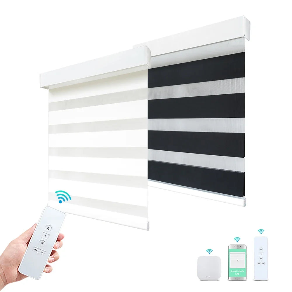 Motorised Double Roller Smart Zebra Battery Motor Blinds  Google Solar Automate For Windows Electric Shades Blinds