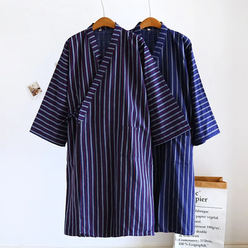 Japanese Double-layer Cotton Striped Design Men's Kimono Lace Up Bathrobes for Spring and Autumn Thin Home Wear Men's Robe