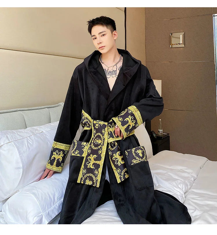 IEFB Winter Thickened Comfortable Velvet Light Luxury Hooded Long Nightgown Men's Fashion Robes Belted Warm Clothes 9Y9924