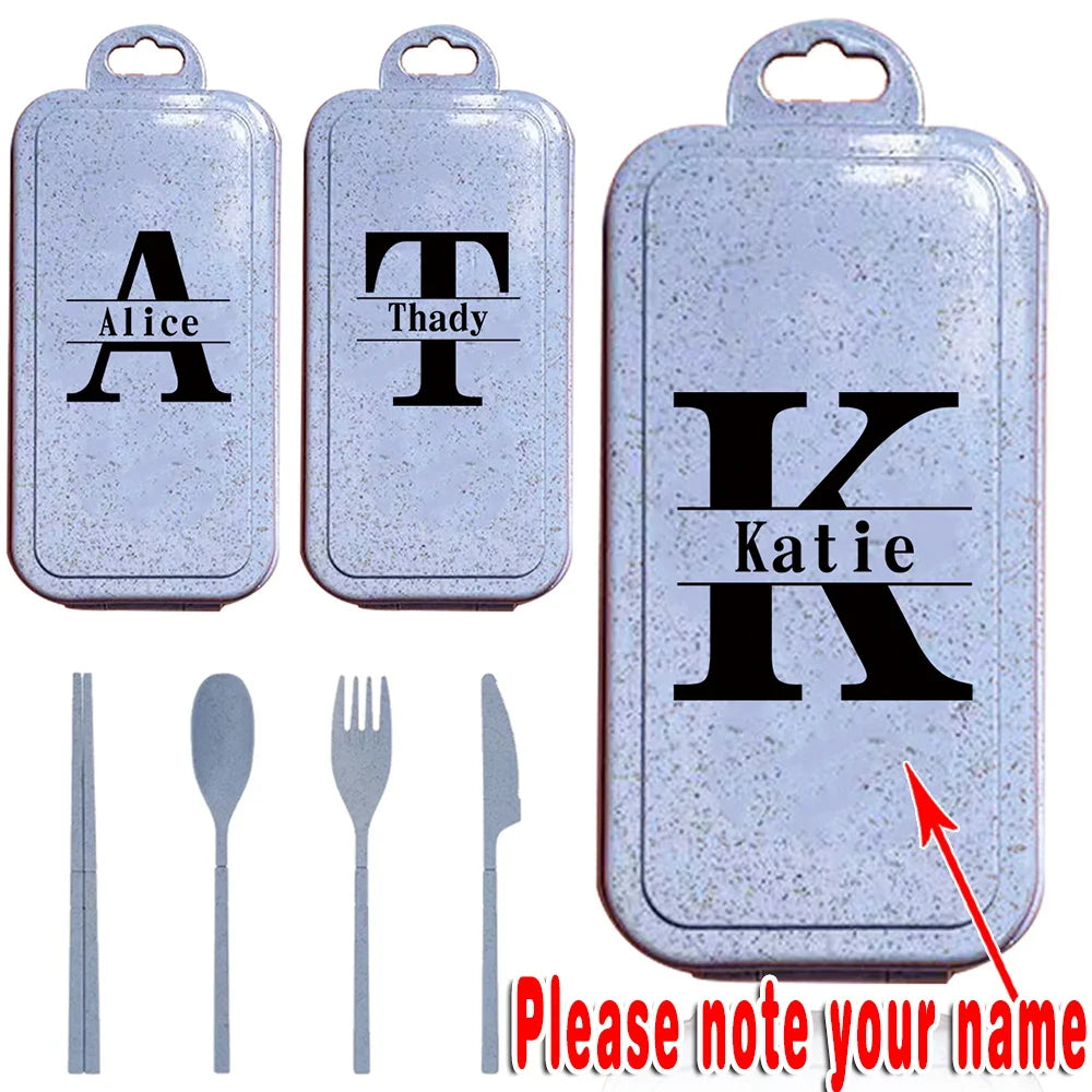 Customized Name 4PCS Premium Cutlery Kit With Case Wheat Straw Portable Utensils Elegant Silverware Fork Knife Spoon Organizer