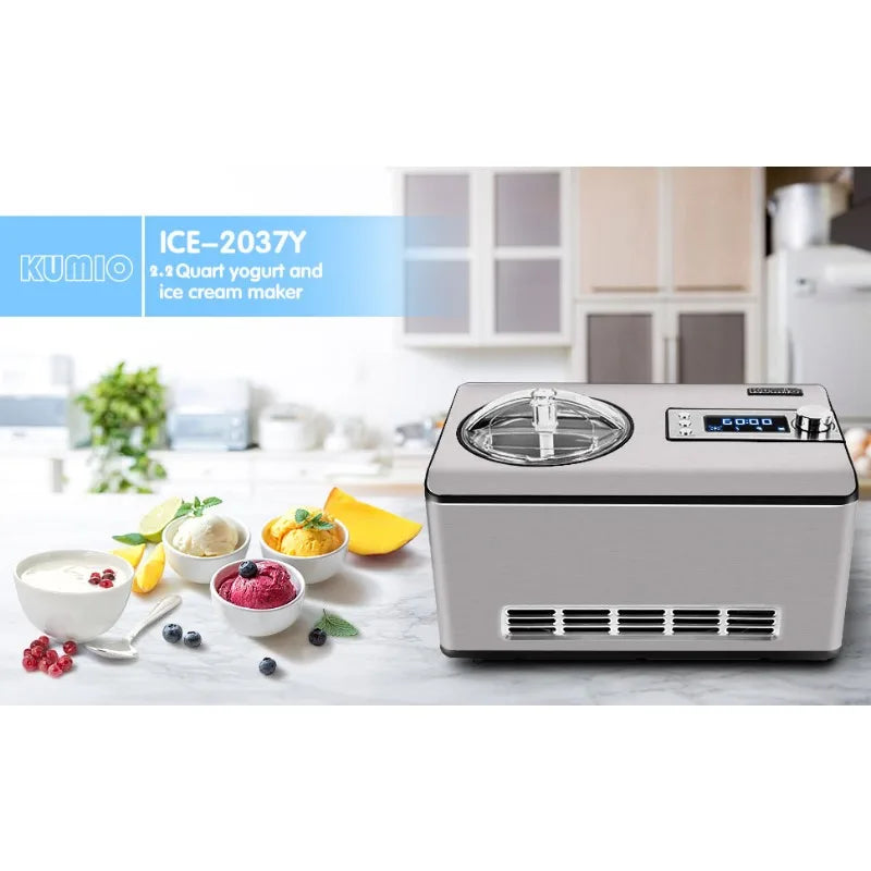 Home Kitchen Ice Cream Maker with Compressor, No Pre-Freezing, Stainless Steel Ice Cream Maker Machine with LCD Display, Timer