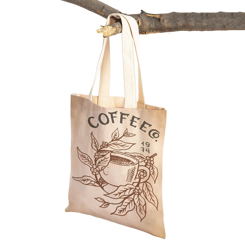 Elegant Coffee Caffeine Arabica Beans Retro Women Shopping Bags Canvas Tote Lady Handbag Reusable Foldable Shopper Bag