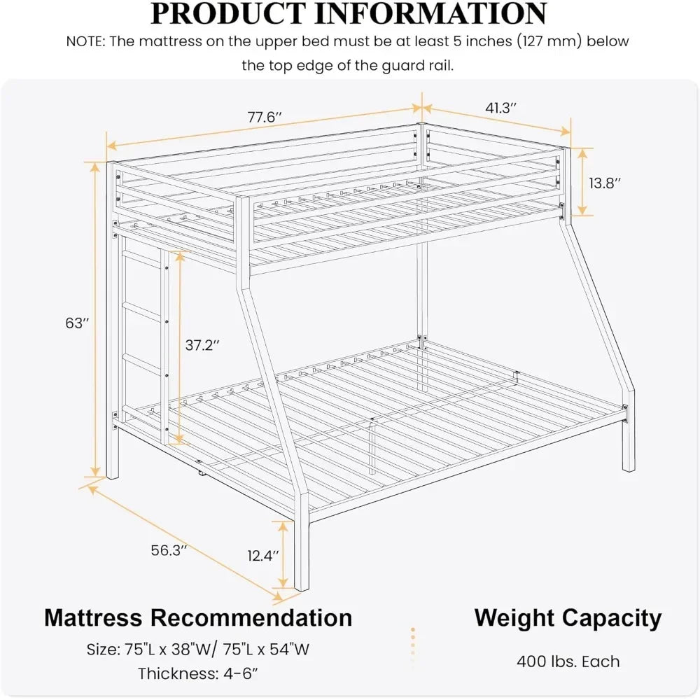 Metal Bunk Bed Twin Over Full Size with Removable Stairs, Heavy Duty Sturdy Frame with 12" Under-Bed Storage for Teen