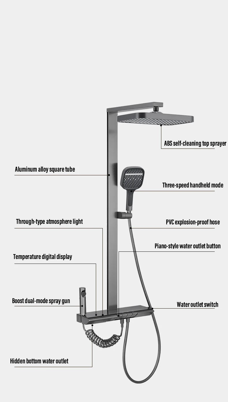 CHOOXIWU-Bathroom Luxury Shower System with Lights Tempered Glass Piano Key Smart Digital Display Thermostat Mixer Shower Faucet