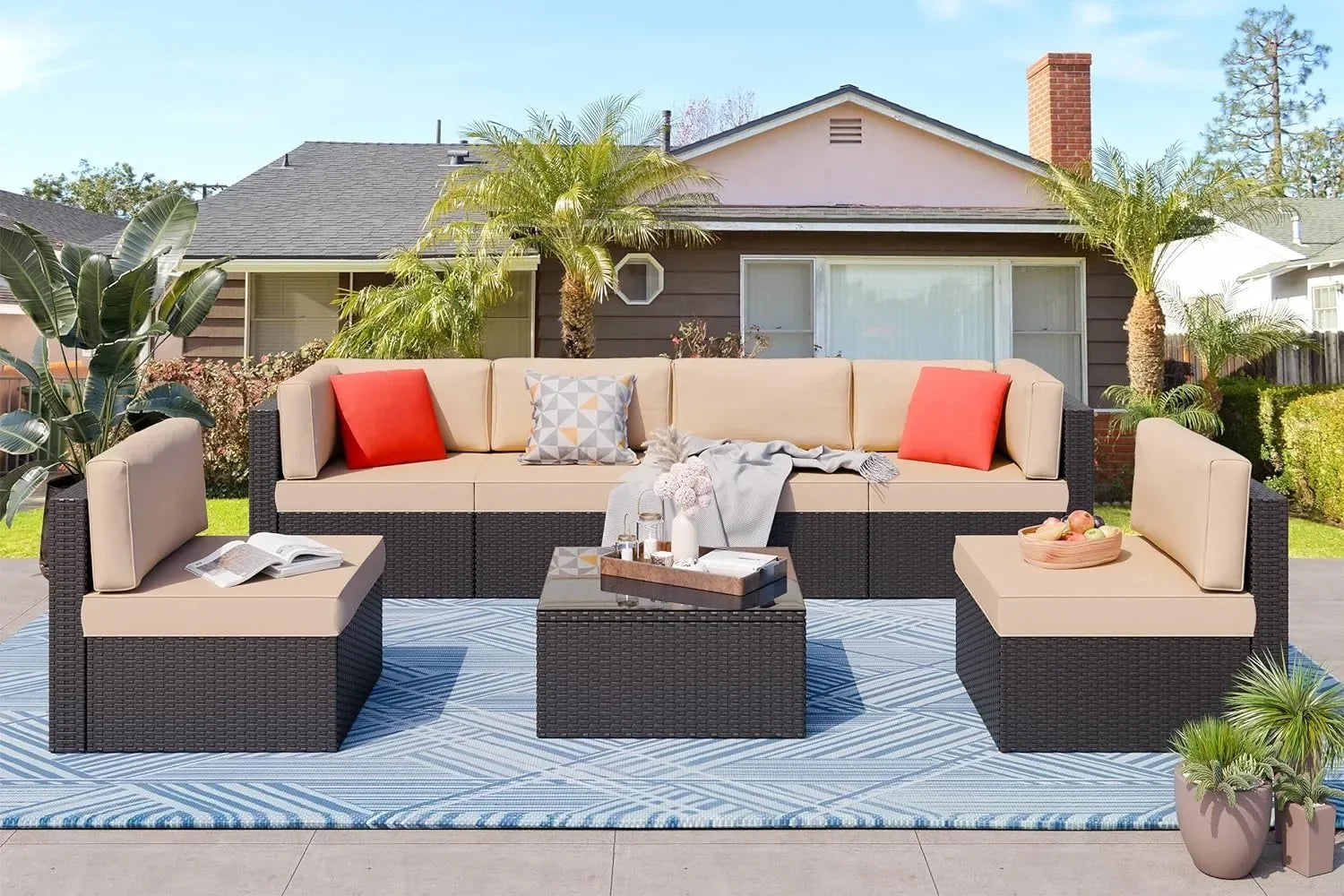 Outdoor Patio Furniture Sets Outdoor Sectional Rattan Sofa PE Manual Weaving Wicker Patio Conversation Set with Cushion