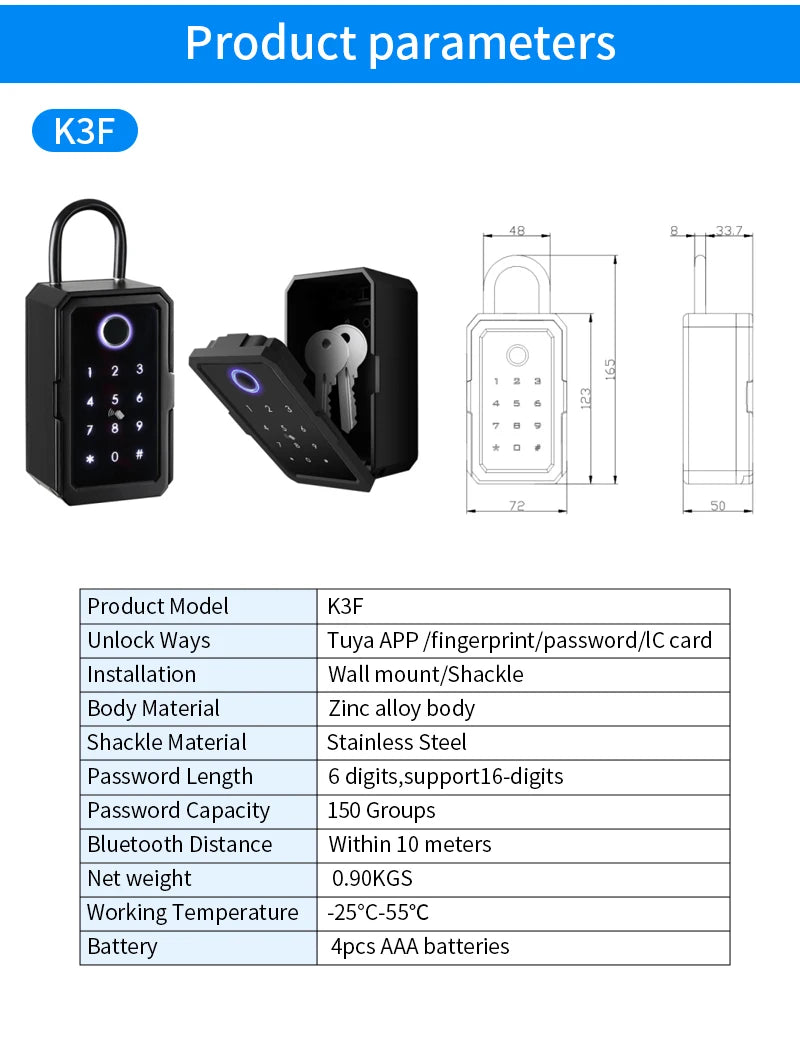 Tuya Smart Life App or TTLock APP Outdoor Waterproof Key Safe Box Security Fingerprint Password Storage Lock Key Box Anti-theft