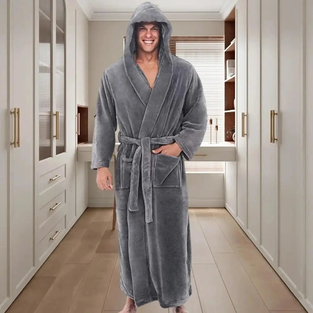 Solid Color Bathrobe Super Soft Fluffy Men's Hooded Bathrobe with Adjustable Belt Highly Absorbent Solid Color Design