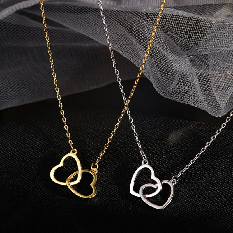 Simple Double Heart Pendant Necklace for Women Couple Zinc Alloy Choker Gold Color Chain Wedding Party Friends Jewelry Gift