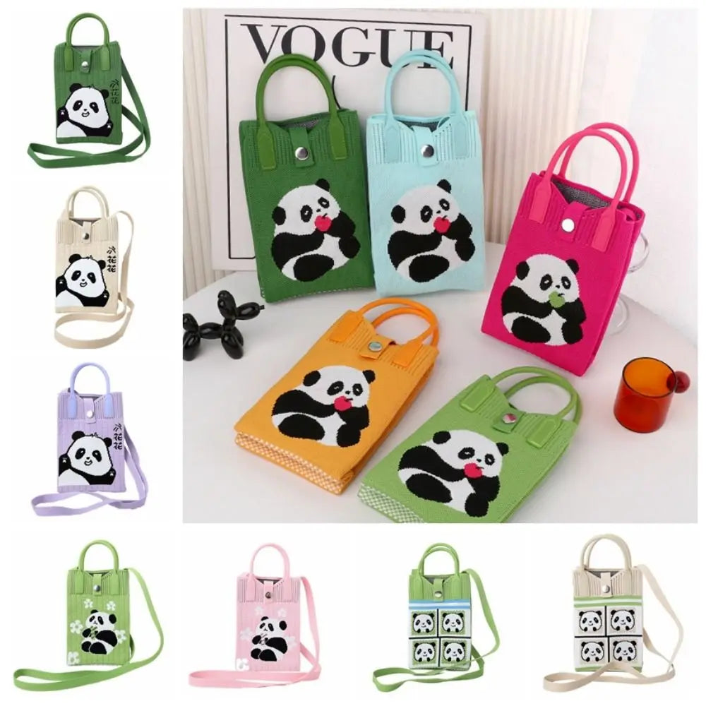 Easy To Carry Creative Mini Knit Handbag Cartoon Panda Huahua Knot Wrist Bag Reusable Large Capacity Hand Crocheted Bags Women