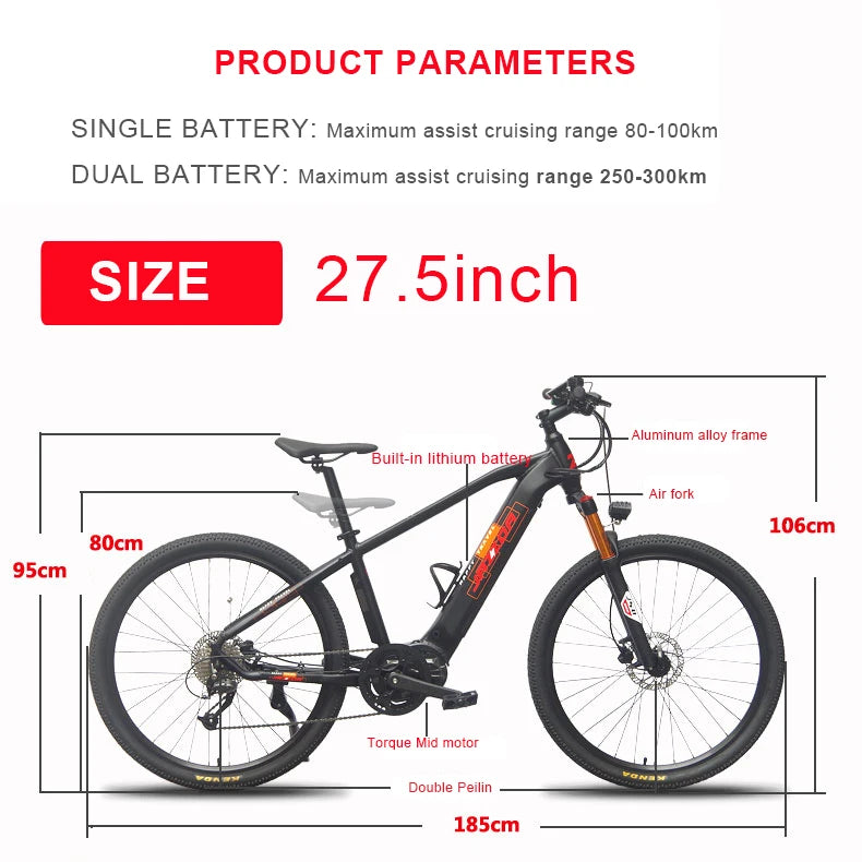 27.5inch electric mountain bike torque middle drive booster motor travel bike 45km/h XC electric bike