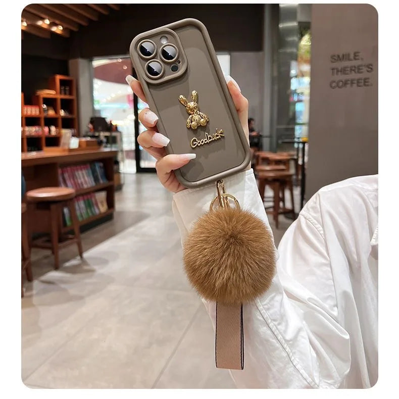 3D Rabbit Phone Case For Samsung Galaxy S24 S23 S22 S21 Ultra Plus FE A52 A32 A53 A13 A33 A52 A34 Plush Wristband Silicone Cover