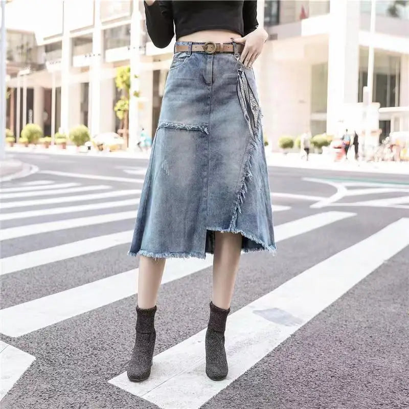 Casual Jean Skirts For Women Mid Waist Front Slit Denim Skirts Loose Fit Mid Length Y2K  Skirts Fashion Streetwear Without Belt