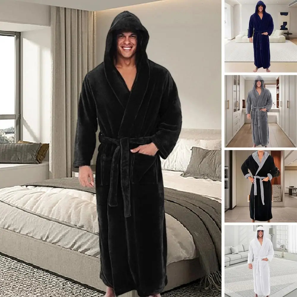 Solid Color Bathrobe Super Soft Fluffy Men's Hooded Bathrobe with Adjustable Belt Highly Absorbent Solid Color Design