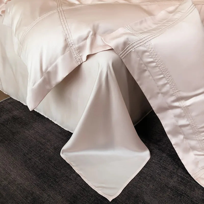 Solid Grey Linens Frame Duvet Cover with Zipper Ties 4Pcs 600TC Eucalyptus Lyocell Soft Cooling Quilt cover Bed Sheet Pillowcase