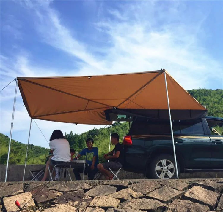 Outdoor self-driving five-angle 270-degree awning with cloth on the top side and double-axis fan-shaped tent with curtain a