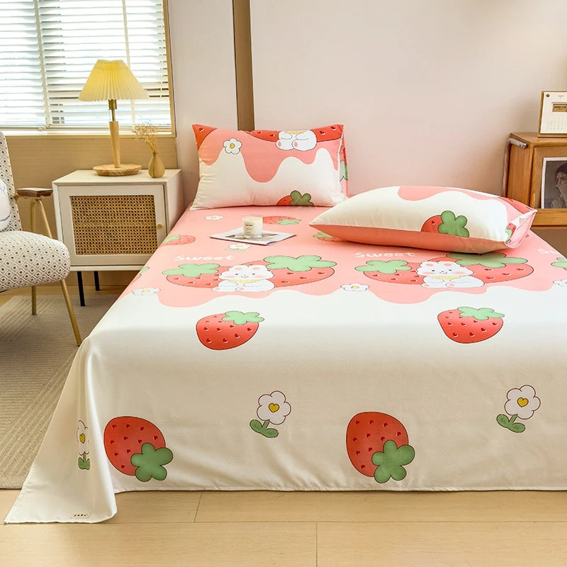 3Pcs Cartoon Strawberry Rabbit Cotton Bed Sheet Set Kawaii Style Bedroom Decor Flat Sheet High Quality Thickened Bedding Set