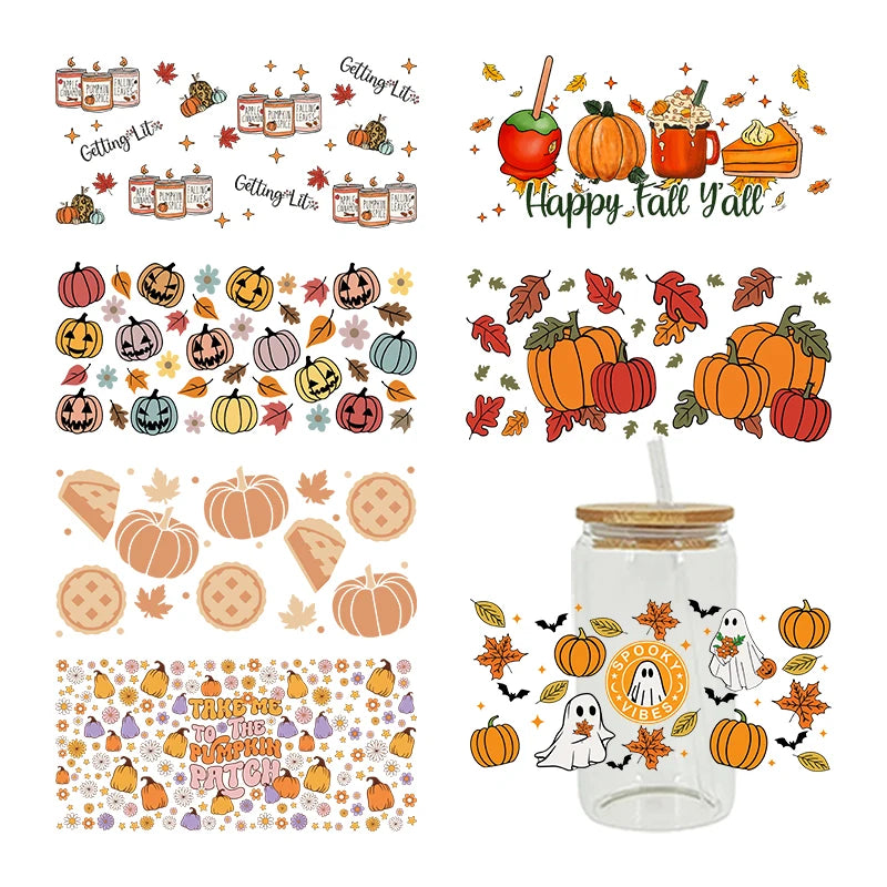 UV DTF Transfer Sticker Fall Theme For The 16oz Libbey Glasses Wraps Cup Can DIY Waterproof Easy To Use Custom Decals D3753