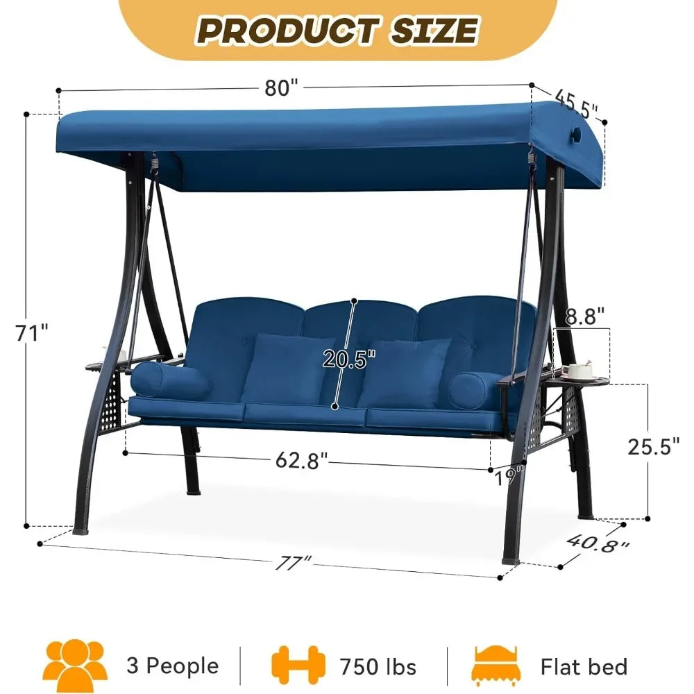 Swing Sets for Backyard with 3-Seat, Adjustable Canopy, Thickened Cushions,Pillows & Cup Holders, Outdoor Swing