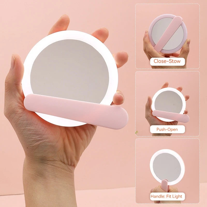 LED Rotary Switch Cosmetic Handle Makeup Mirror Heart Mirror Woman Pink White USB Charge Cute Convenient Hand Held Luxury Round