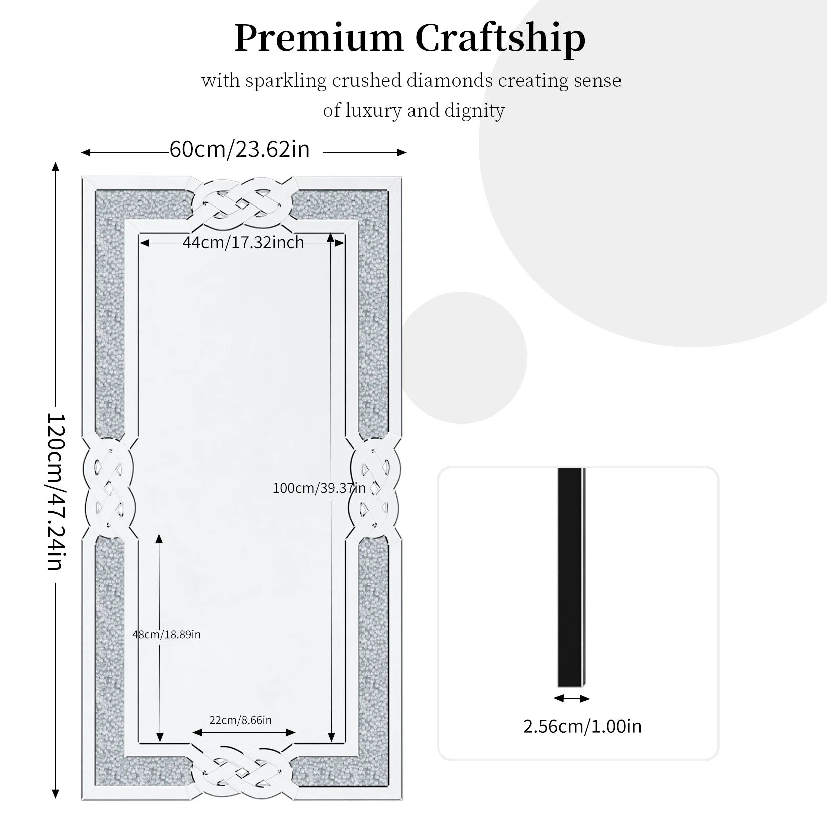 Rectangular Wall Mirror Crystal Crush Diamond Decor 47.2”x23.6” Luxury Shine Silver Mirror for Living Room, Bedroom,Hallway