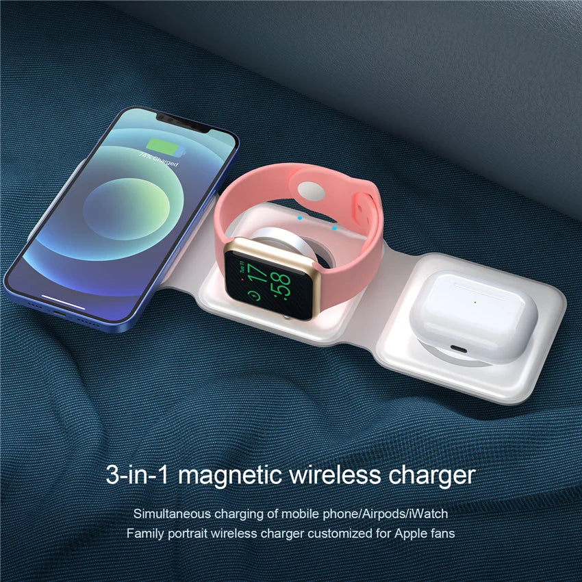 100W 3 in 1 Magnetic Wireless Charger Pad Stand for iPhone 15 14 13 12Pro Max Airpods iWatch Fast Wireless Charging Dock Station