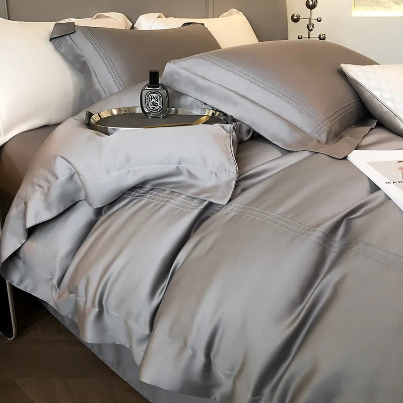 Solid Grey Linens Frame Duvet Cover with Zipper Ties 4Pcs 600TC Eucalyptus Lyocell Soft Cooling Quilt cover Bed Sheet Pillowcase