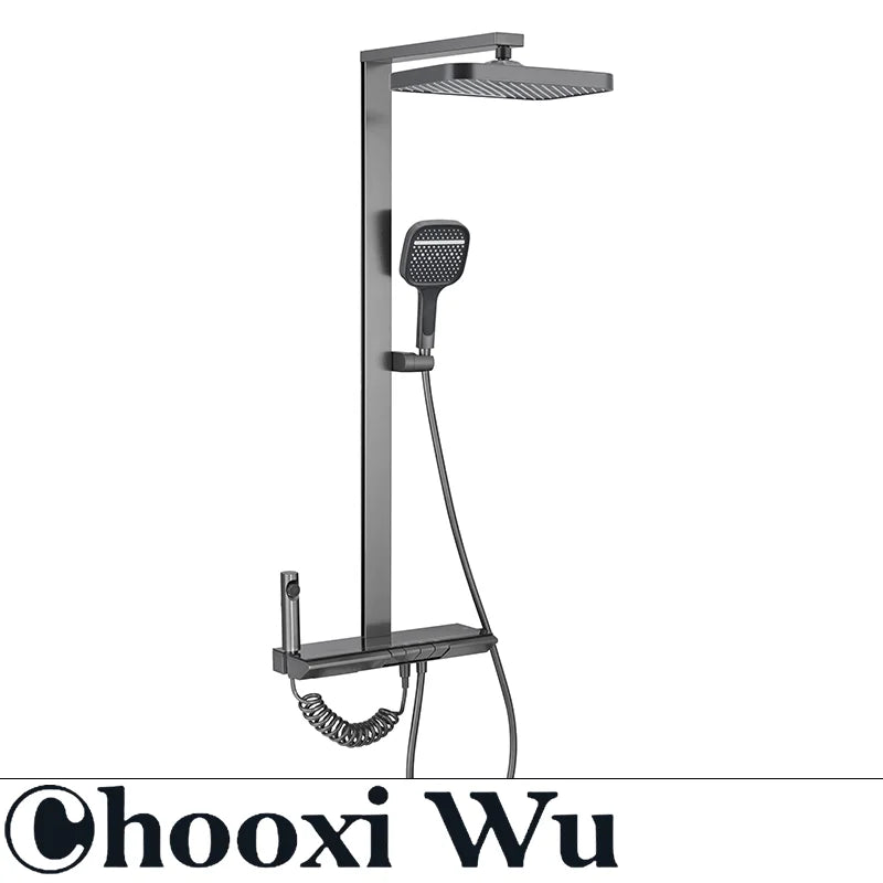 CHOOXIWU-Bathroom Luxury Shower System with Lights Tempered Glass Piano Key Smart Digital Display Thermostat Mixer Shower Faucet