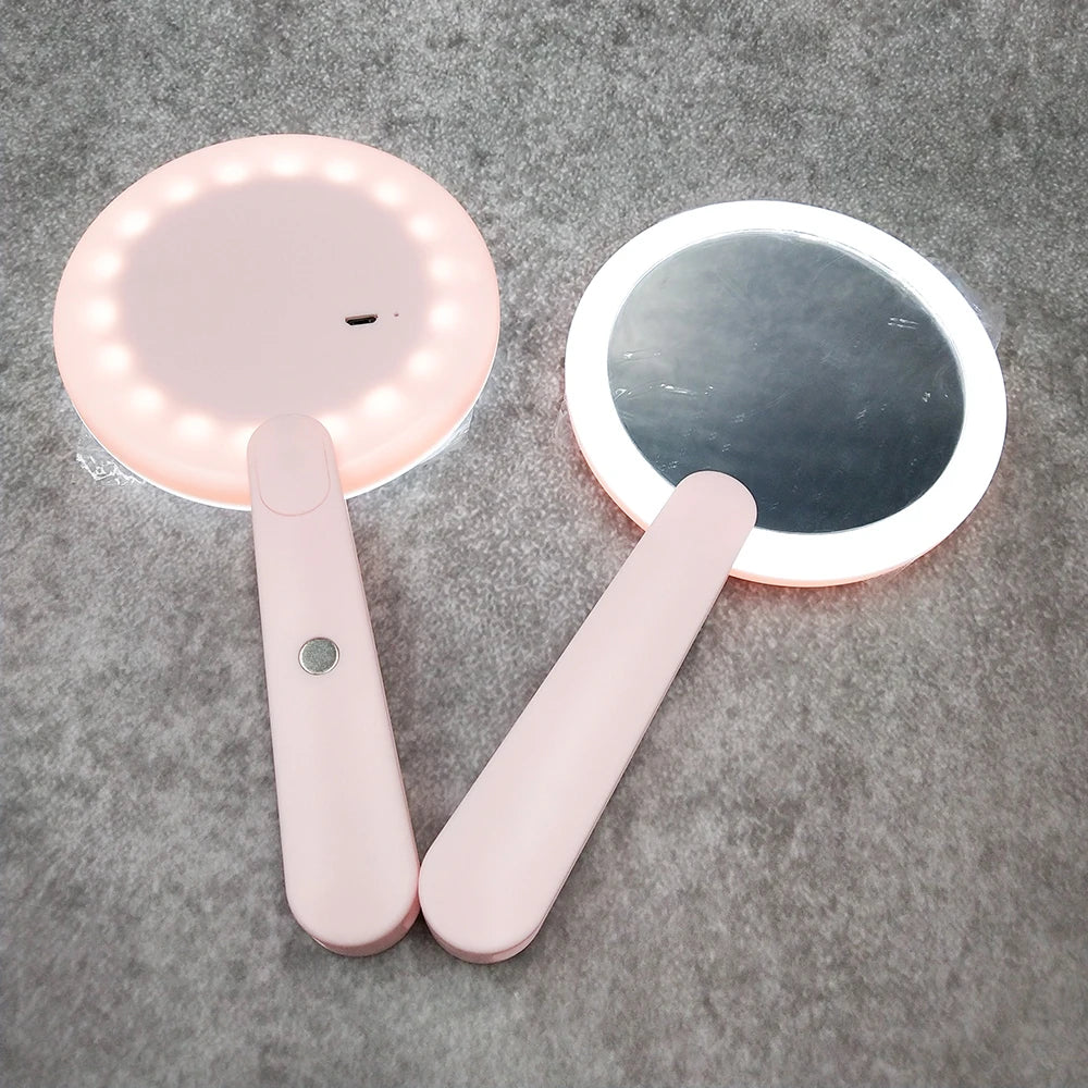 USB Charge  Woman LED Rotary Switch Makeup Mirror Heart Mirror Pink WhiteCute Convenient Hand Held Luxury Round Private Label