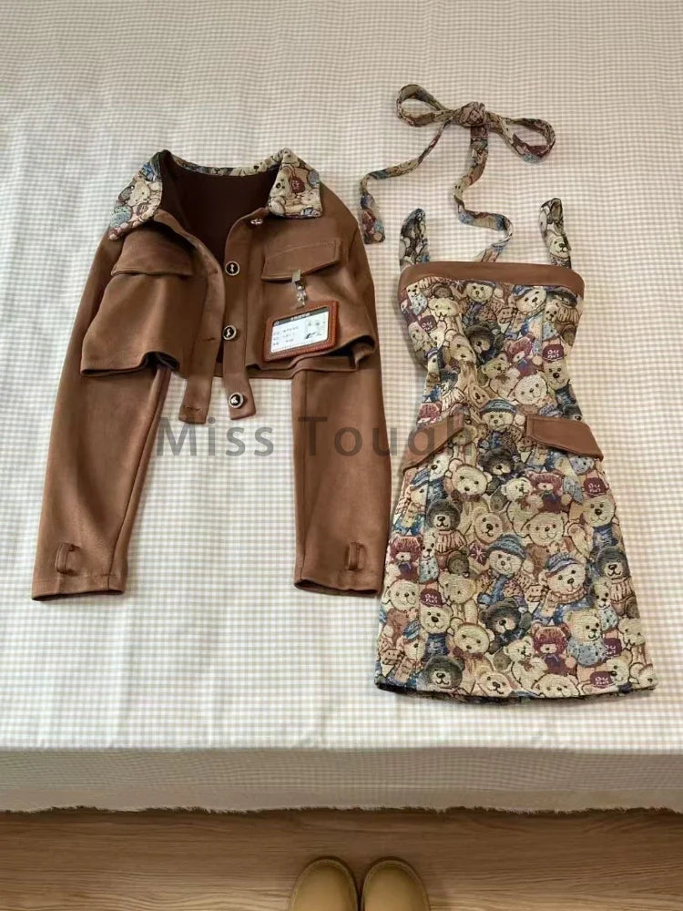 Autumn Vintage Thin 2 Piece Set Women Chic Design Print Sling Dress+Solid Short Jacket Fashion Pretty Elegant Slim Suit 2024 New