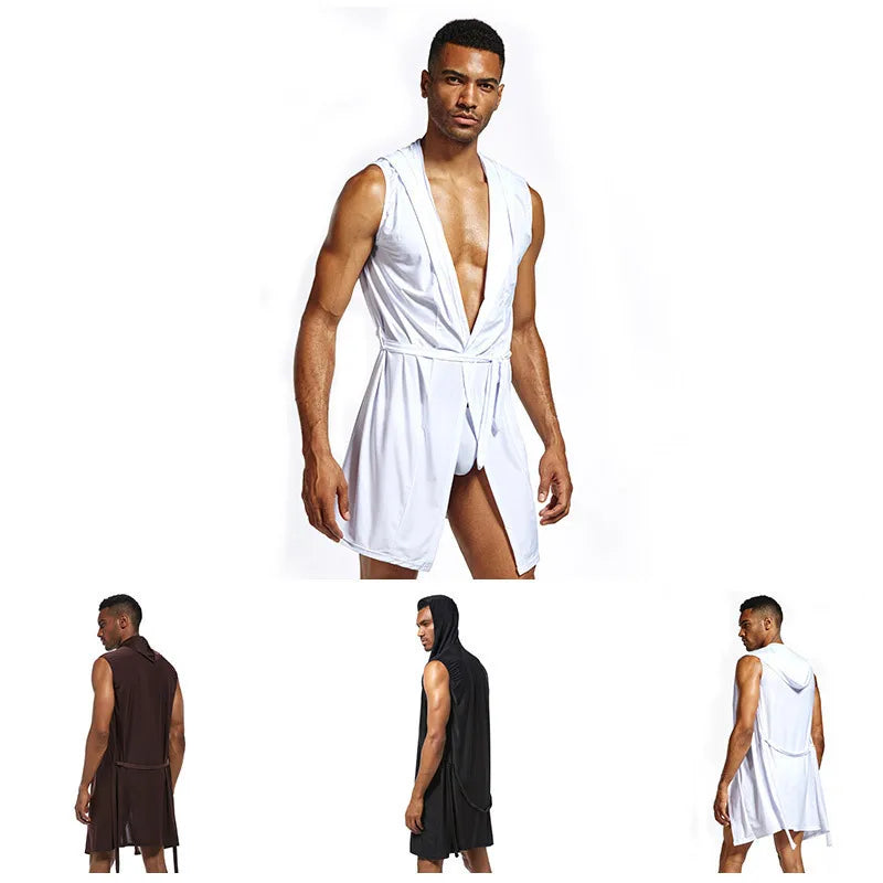 Men's bathrobes, sleepwear, solid color men's inner robe, soft silk fabric, sexy sleeveless bathrobe, thin design