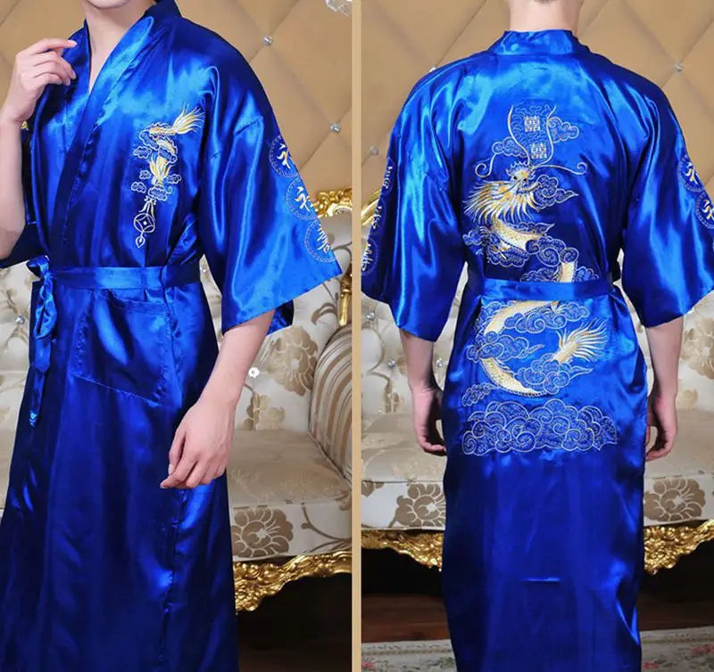 Chinese Style Robe Classical Embroider Dragon Kimono Man Homewear Long Bathrobe Satin Nightgown Loose Sleepwear Loungewear