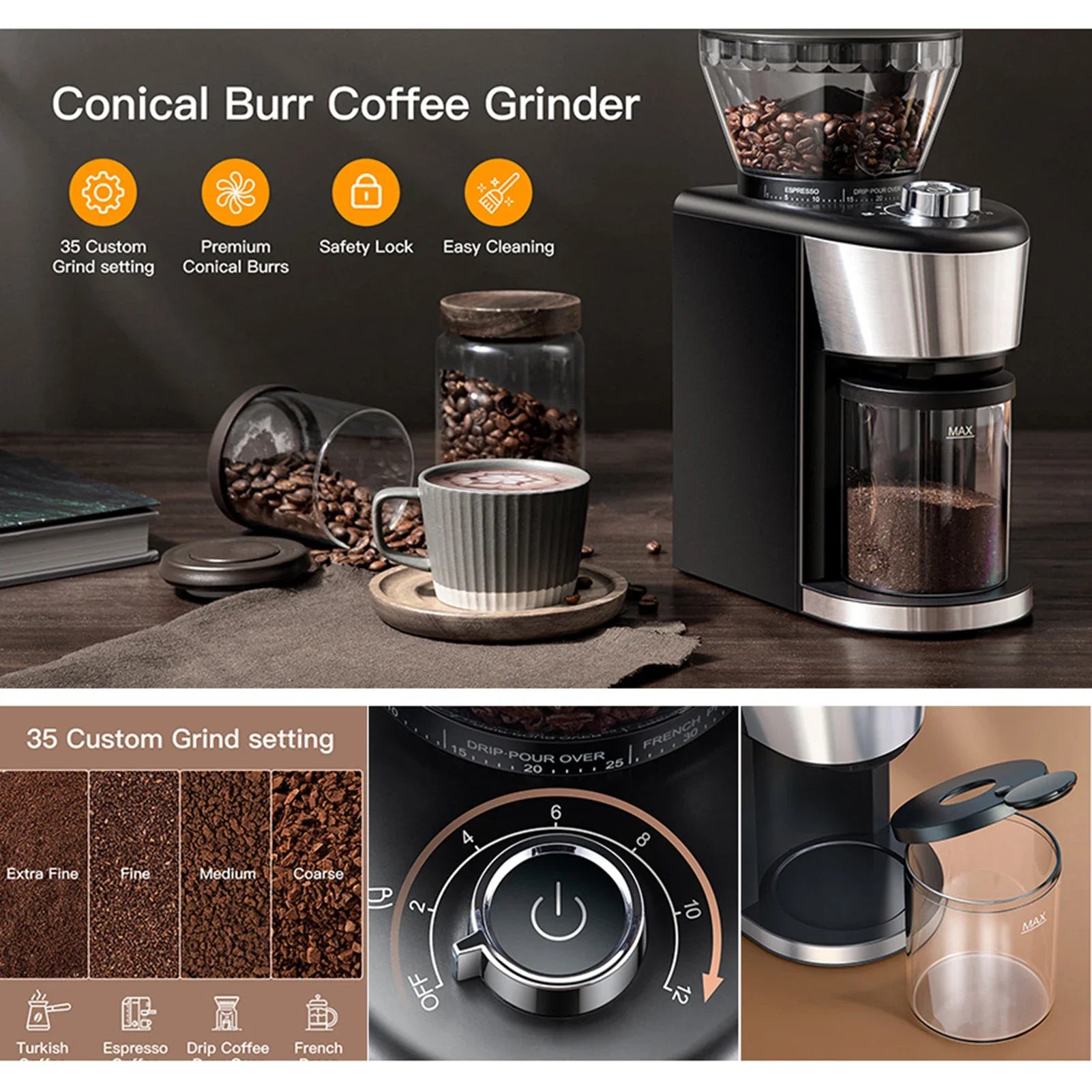 Automatic conical coffee grinder Automatic high-speed espresso grinder American drip type small coffee machine