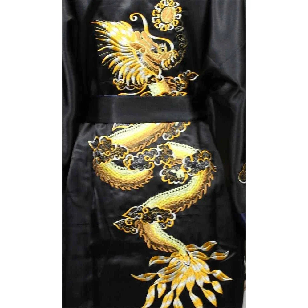 Silk Kimono Bathrobe, Chinese Dragon Design, Men's Sleepwear Gown, Satin Fabric, Navy Blue/Red/White/Black/Blue