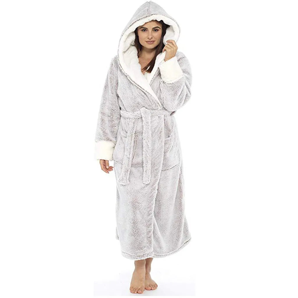 Women'S Long Bathrobe Soft Comfortable Flannel Nightgown With Belt Autumn And Winter Solid Color Fleece Hooded Bathrobe 2024