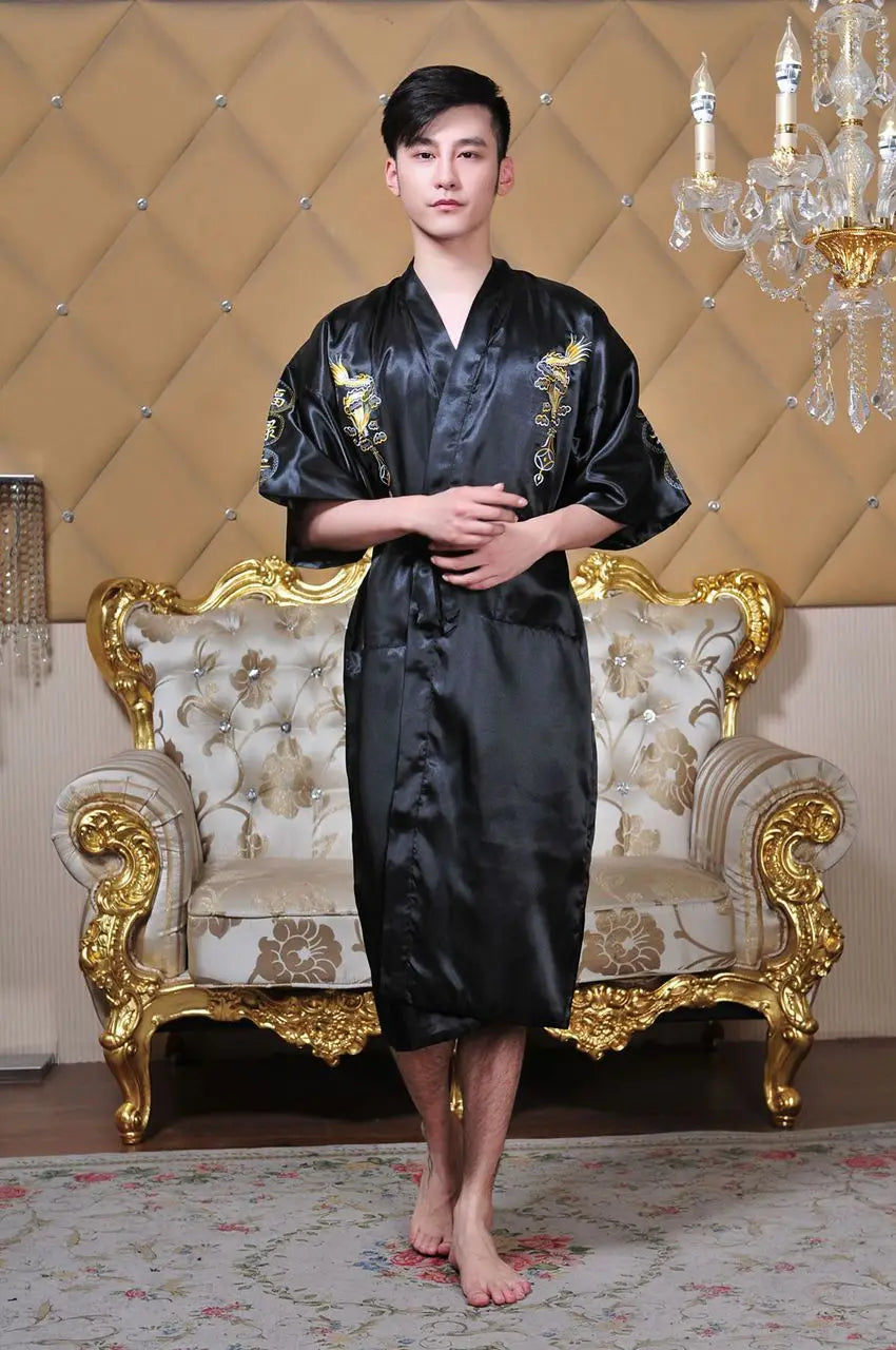 Chinese Style Robe Classical Embroider Dragon Kimono Man Homewear Long Bathrobe Satin Nightgown Loose Sleepwear Loungewear